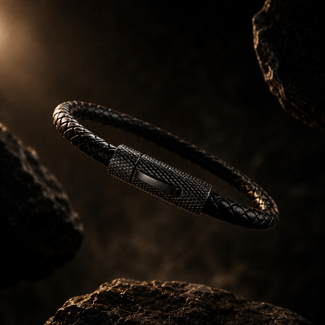 Black braided leather bracelet on a dark textured background