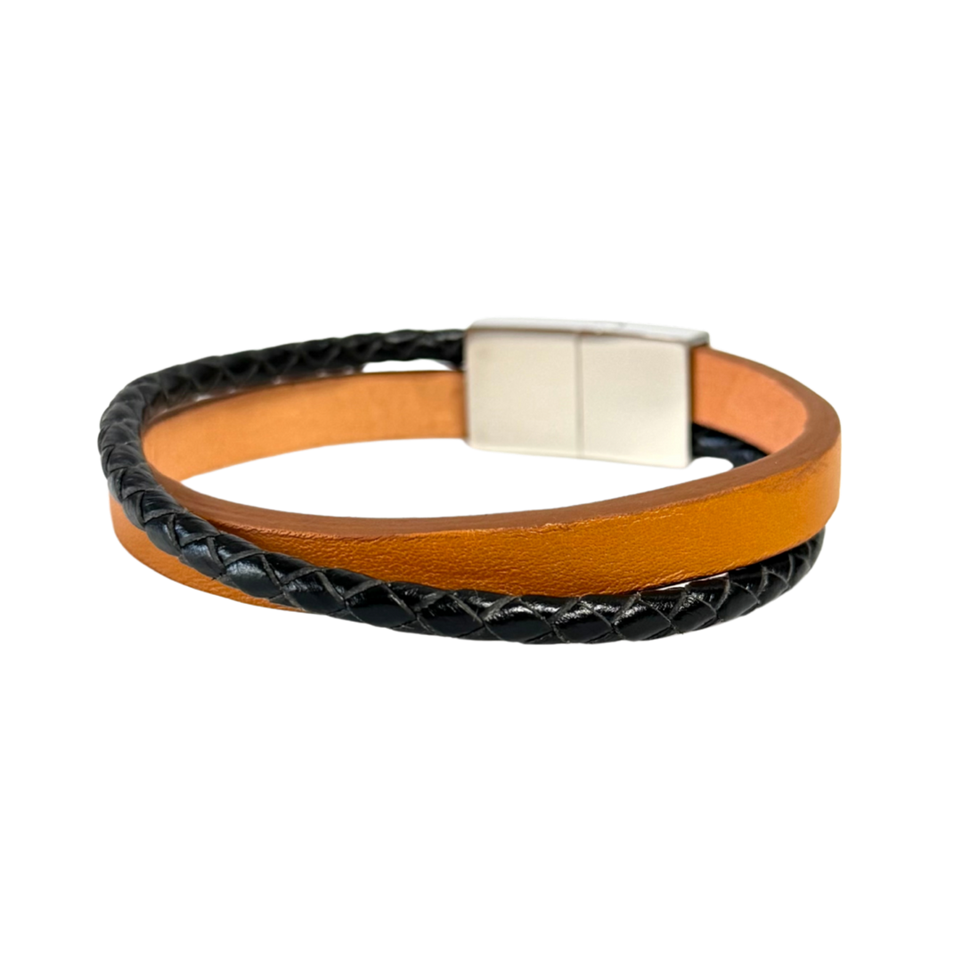 Bracelet with black braided design and CAMEL leather strap on a white background